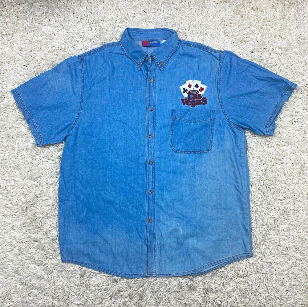 VTG 90’s Vegas Casino Aces Embroidered Chambray Shirt Mens XL Cotton Heritage